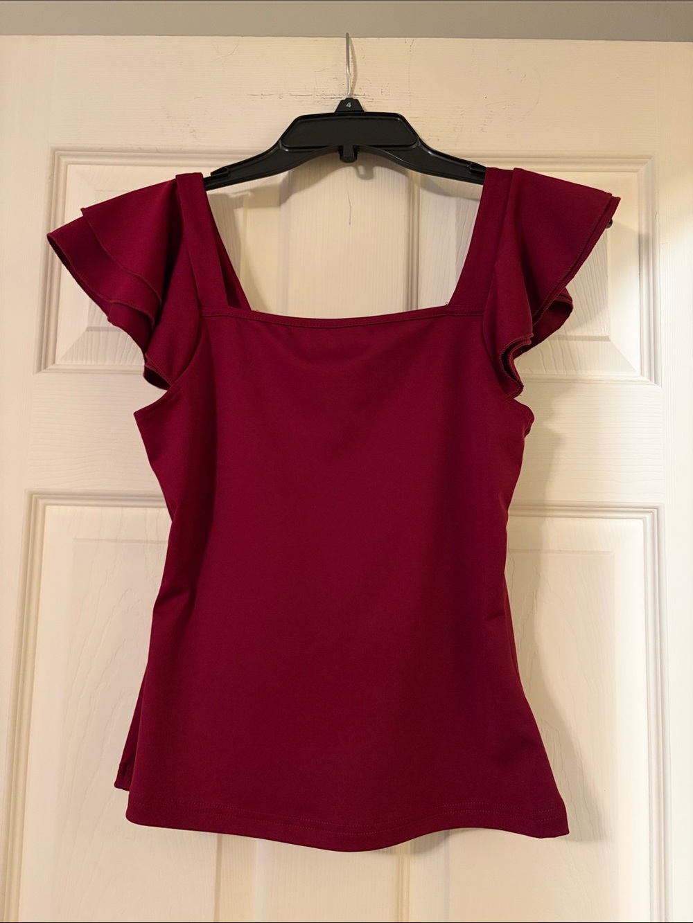 Womens Square Neck Ruffle Sleeve Top - Burgundy